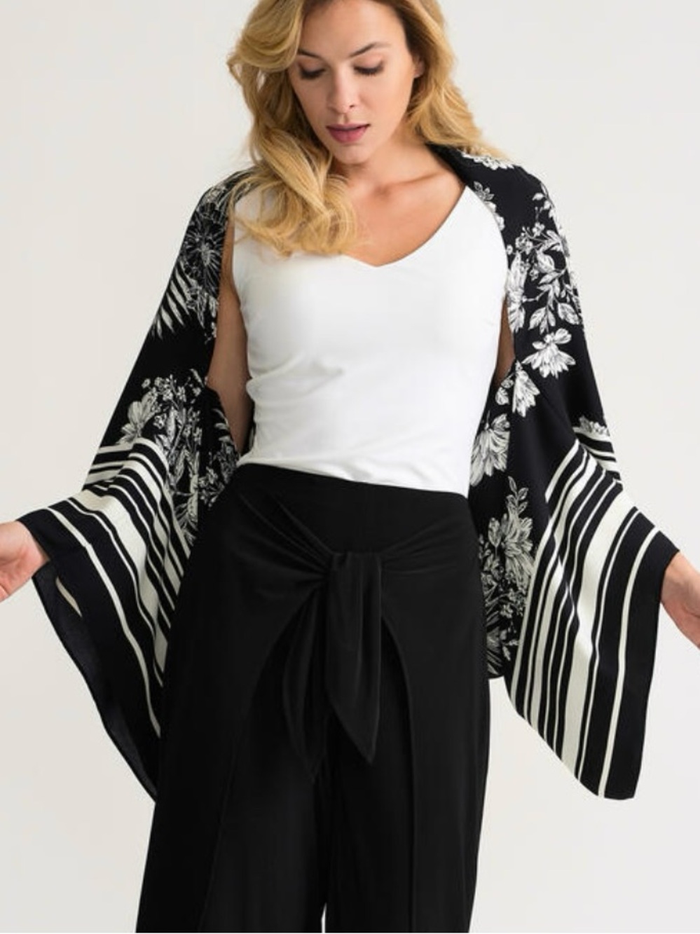 Joseph Ribkoff NEW Floral Striped Printed  Cape Black White One Size Fits Most